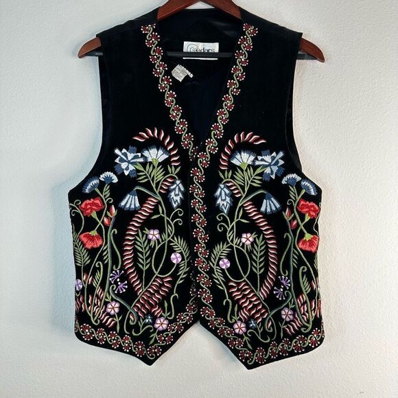 Vintage Cedars Womens Black Suede Leather Vest Boho Floral Embroidered Large - Picture 1 of 10